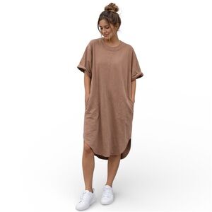Free People Beach | Tan Oversized Curved Hem Midi Dress Pockets Lagenlook Summer